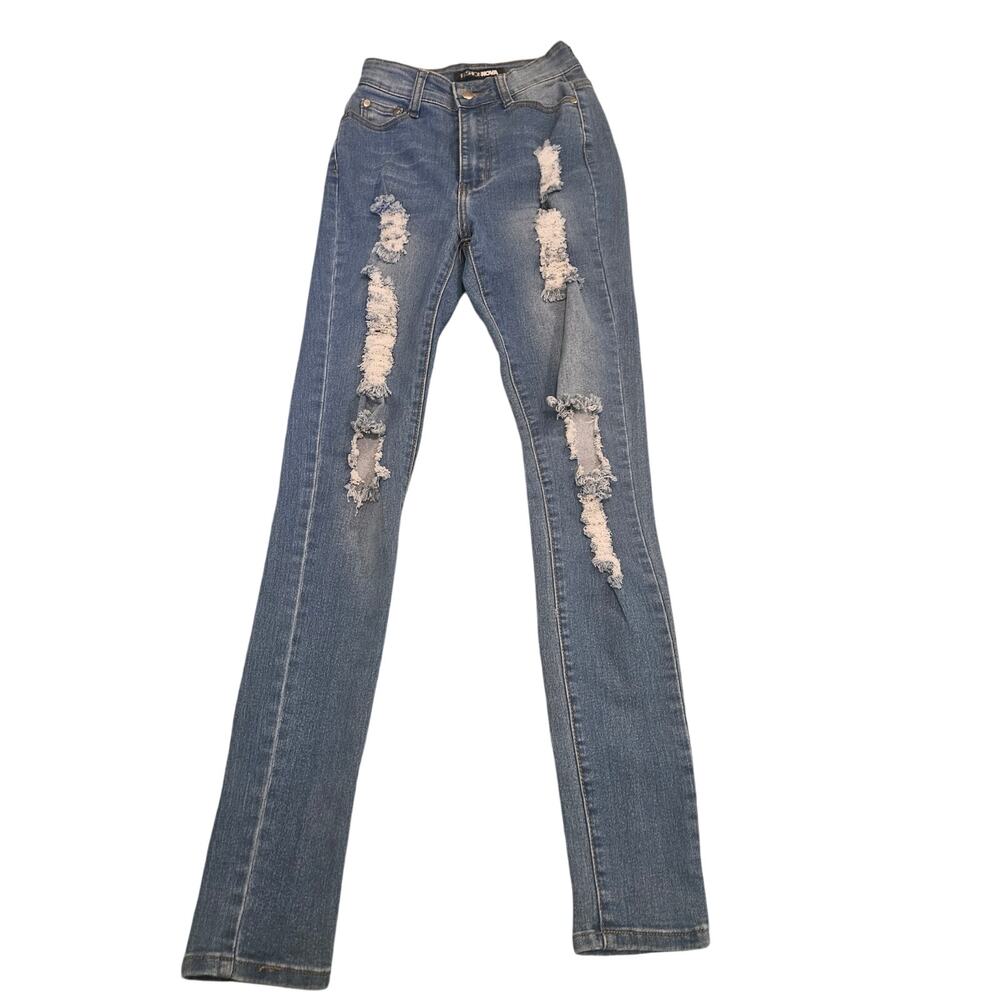Fashion Nova Distressed Skinny Jeans Light Wash High Rise Stretch Denim Size 3/4